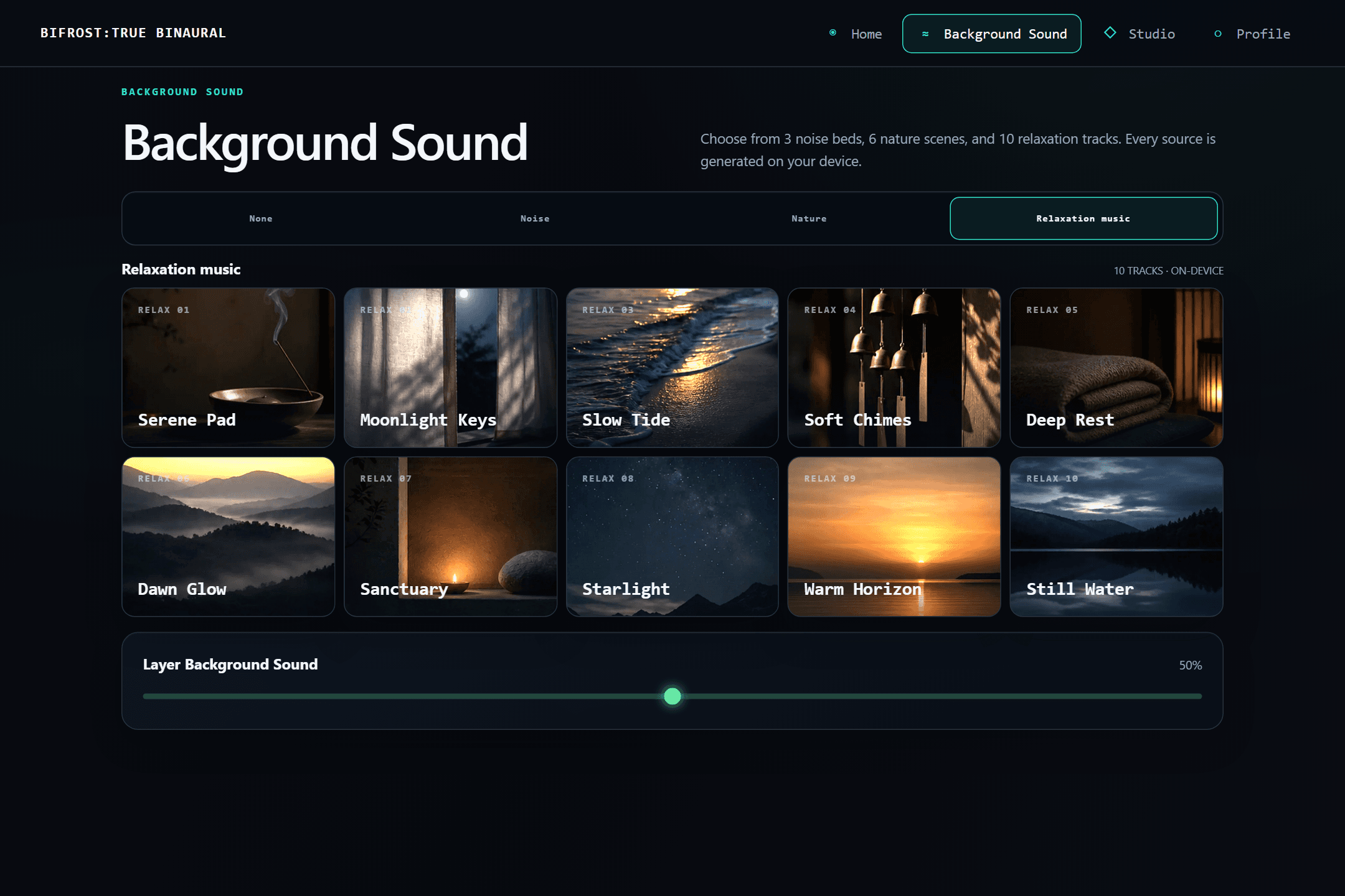 The BIFROST background library with noise, environment, and relaxation music categories