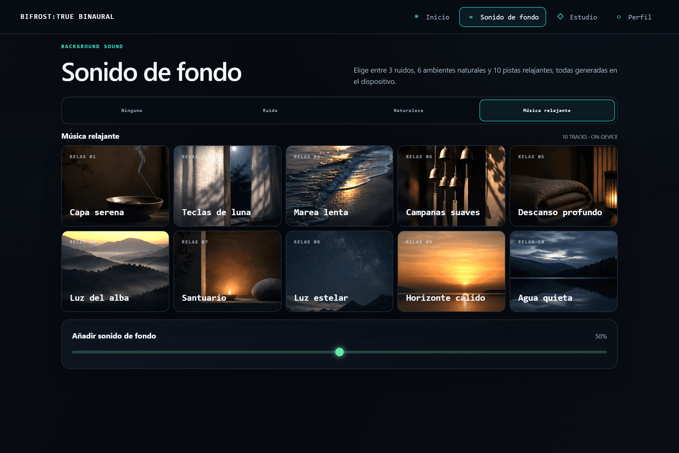 La biblioteca de fondos de BIFROST con las categorías ruido, ambiente y pistas relajantes