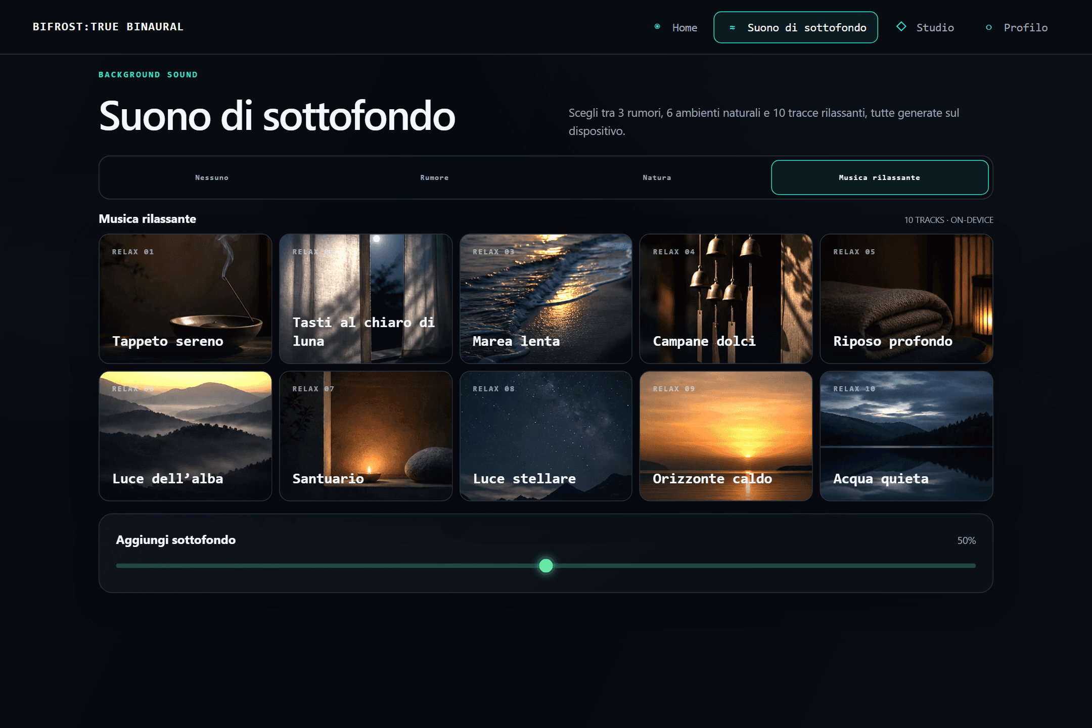 La libreria di sottofondi di BIFROST con le categorie rumore, ambiente e brani rilassanti