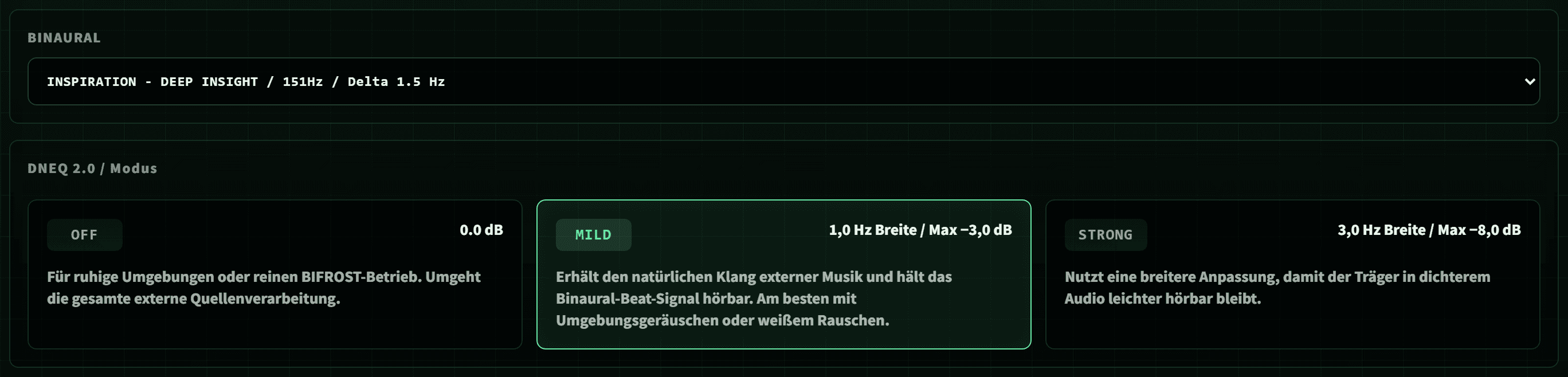 BIFROST External-Audio-Modus mit DNEQ-Einstellungen OFF, MILD und STRONG