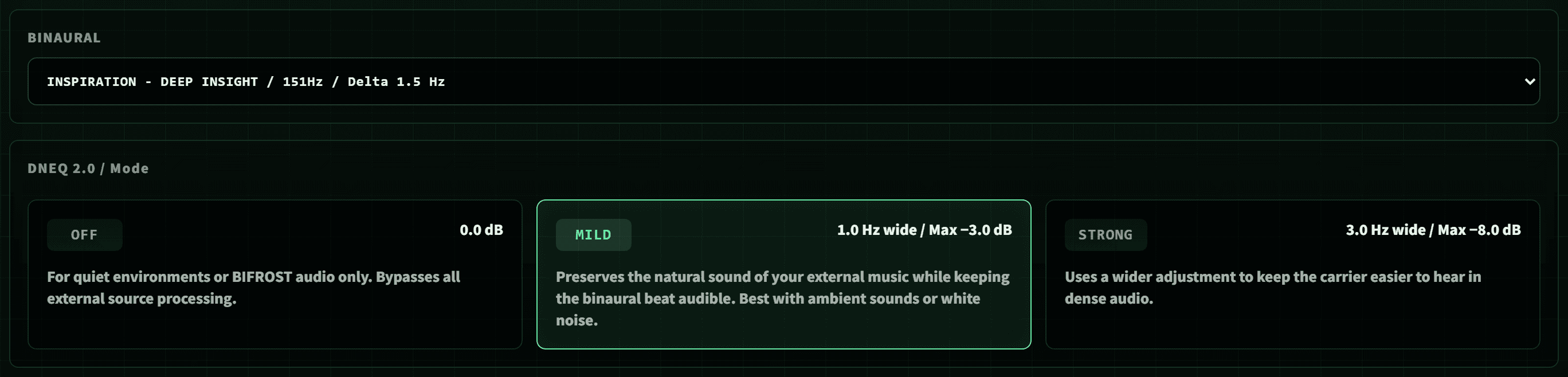 BIFROST external audio mode with DNEQ OFF, MILD, and STRONG notch settings