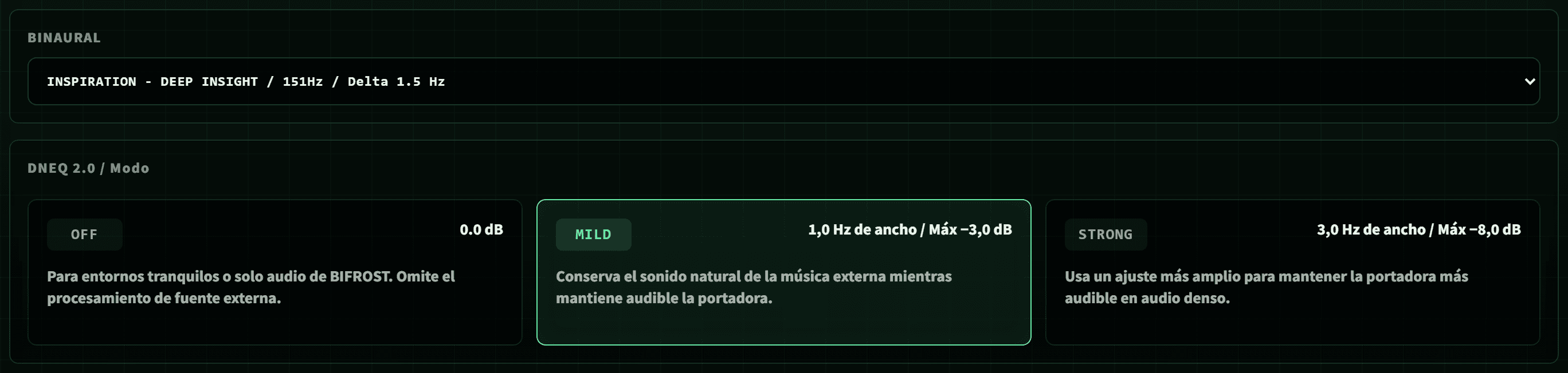 Modo de audio externo de BIFROST con ajustes DNEQ OFF, MILD y STRONG