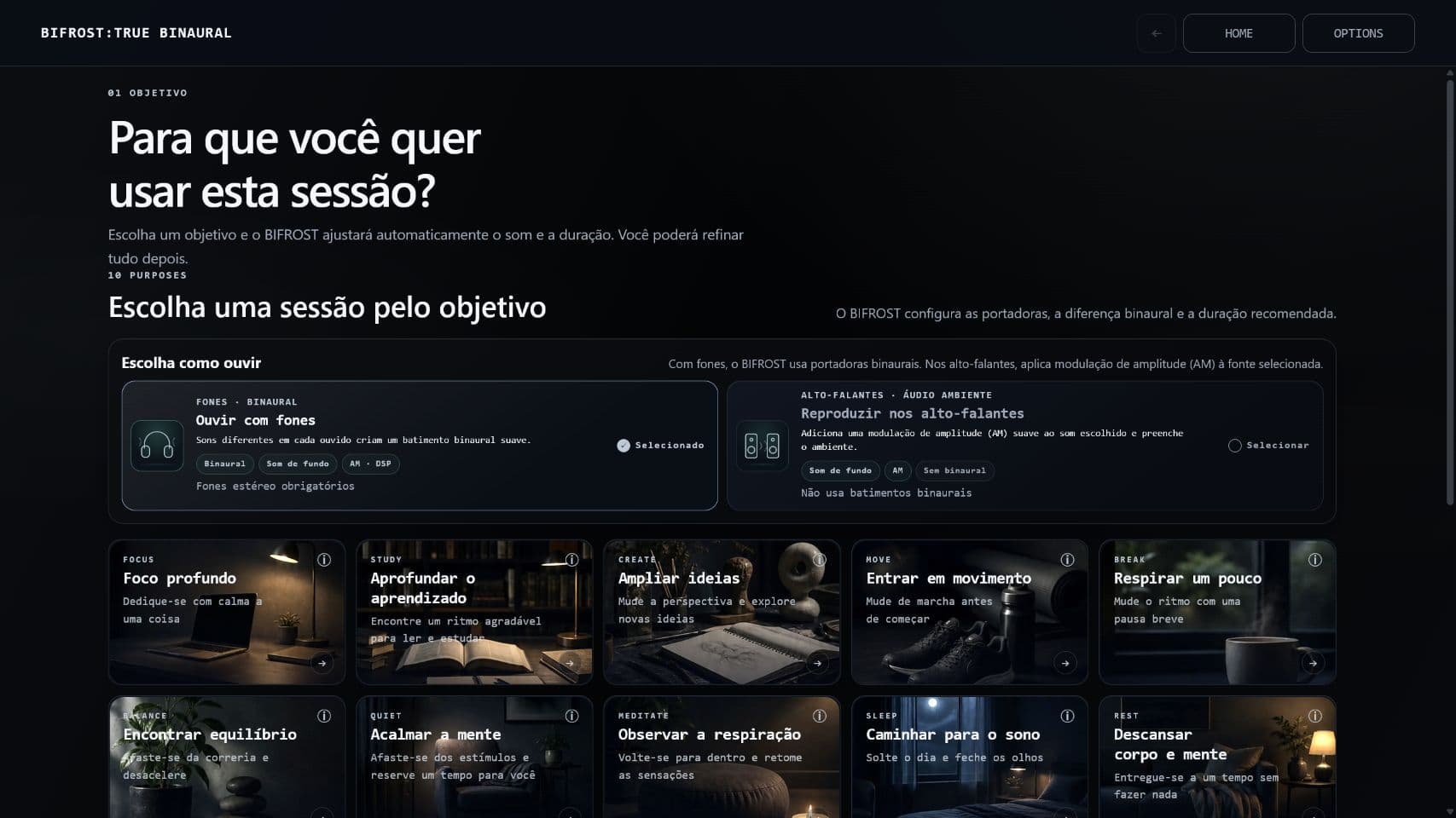 A tela inicial do BIFROST, com dez objetivos para escolher